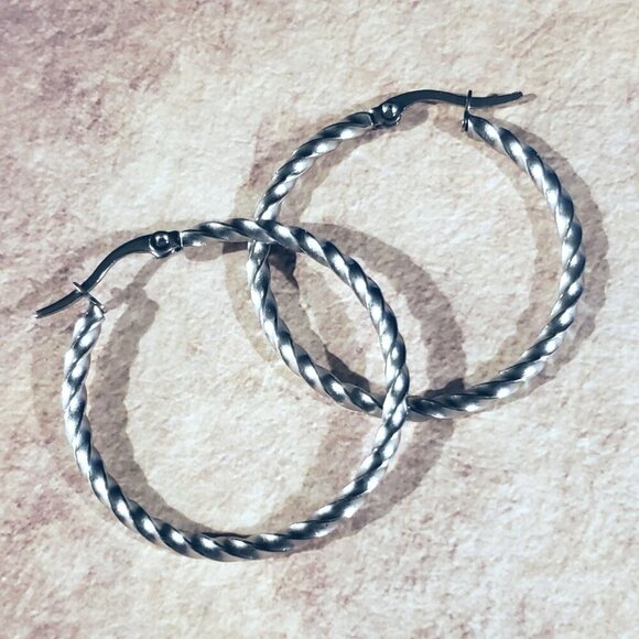 Silver Surgical Stainless Steel Round Twisted 35mm Minimalist Hoop Earrings - Picture 8 of 9